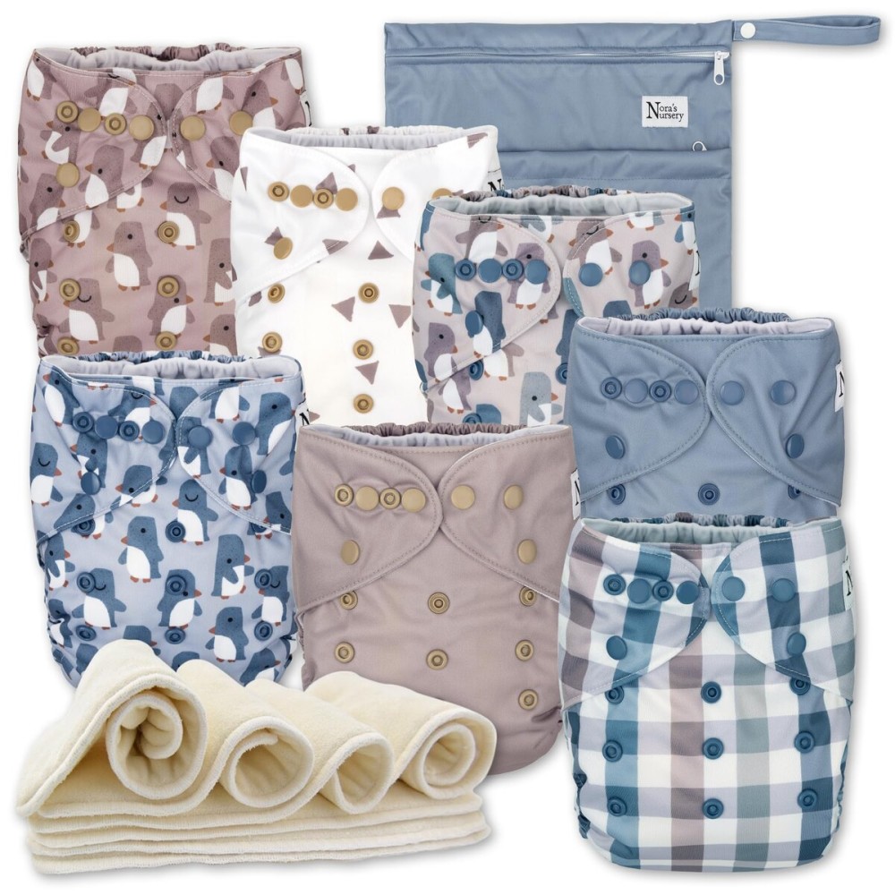 Nora\'s Nursery Cloth Diapers 7 Pack with 7 Inserts & 1 Wet Bag - Waterproof Cover, Washable, Reusable & One Size Adjustable Pocket Diapers for Newborns and Toddlers - Winter Waddle