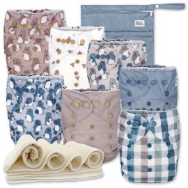 Nora\'s Nursery Cloth Diapers 7 Pack with 7 Inserts & 1 Wet Bag - Waterproof Cover, Washable, Reusable & One Size Adjustable Pocket Diapers for Newborns and Toddlers - Winter Waddle