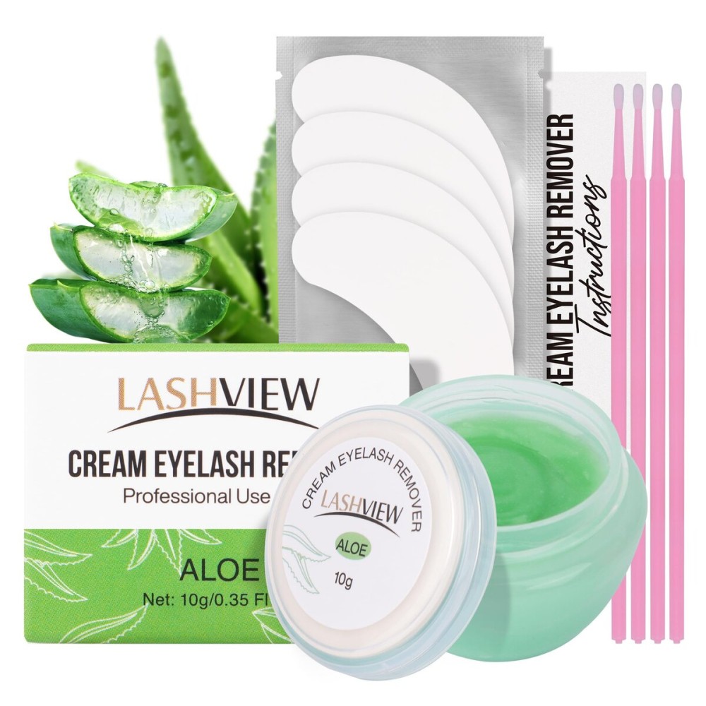 LASHVIEW Eyelash Extension Remover Cream Gentle Aloe Vera Formula, Lash Removal Kit with Eye Patches & Cotton Swabs(10g)