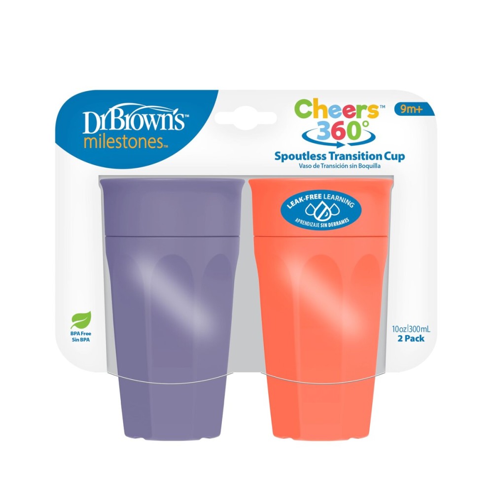 Dr. Brown\'s Milestones Cheers 360 Spoutless Transition Cup, Travel Friendly and Leak Free Sippy for Babies and Toddlers, Coral and Purple, BPA-Free, 10 oz/300 mL, 9m+