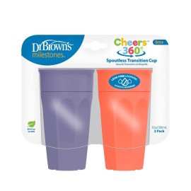 Dr. Brown\'s Milestones Cheers 360 Spoutless Transition Cup, Travel Friendly and Leak Free Sippy for Babies and Toddlers, Coral and Purple, BPA-Free, 10 oz/300 mL, 9m+