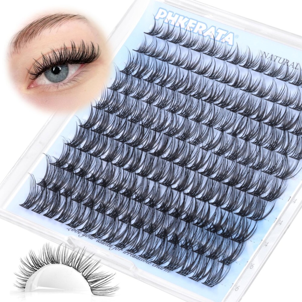 PHKERATA Natural Lash Clusters Wispy Eyelash Clusters 160 pcs Individual Lashes D Curvature Wispy 10-16 mm Cluster Eyelash Extensions DIY Eyelash Extension with Thin Lash Band