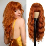 MERISIHAIR Long Orange Wig with Bangs,Ginger Wavy Wigs for Women,26 Inches Heat Resistant Synthetic Orange Wig For Daily Cosplay Party Use