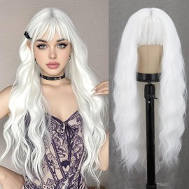 MERISIHAIR Long White Wavy Wig with Bangs 26 Inches Natural Looking Synthetic Heat Resistant Hair Wigs for Women Daily Party Cosplay Wigs