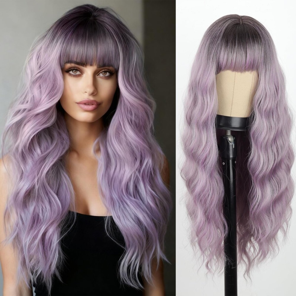 MERISIHAIR Long Ombre Light Purple Wavy Wig with Bangs,Dark Root Ombre Gray Purple Wigs Natural Looking Heat Resistant Synthetic Fiber Wig For Party Cosplay Daily Halloween