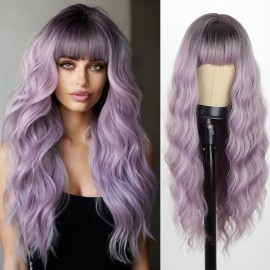 MERISIHAIR Long Ombre Light Purple Wavy Wig with Bangs,Dark Root Ombre Gray Purple Wigs Natural Looking Heat Resistant Synthetic Fiber Wig For Party Cosplay Daily Halloween