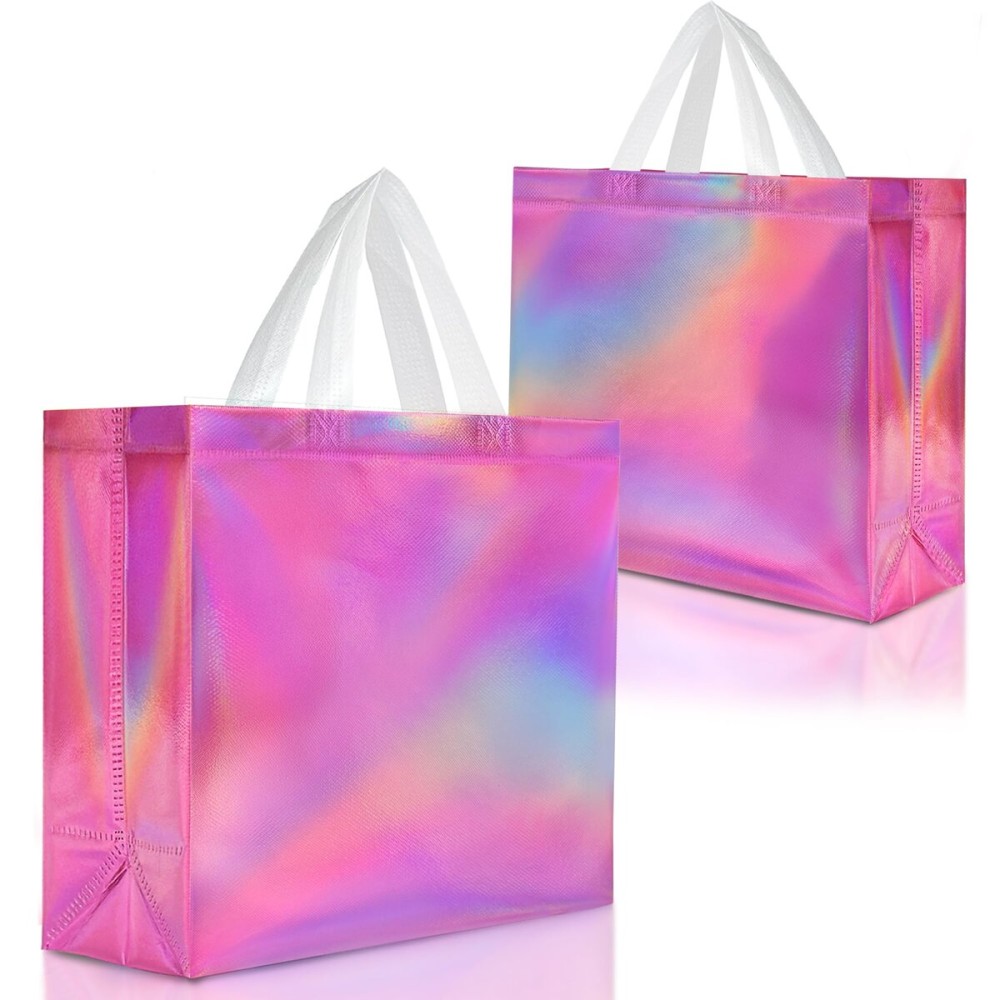 Nush Nush Large Holographic Pink Gift Bags with Handles - 12 Pack Reusable Iridescent Pink Party Favor Bags, Ideal Goodie Bag for Birthday Favors, Christmas Presents, Bridal Shower Gifts -13x5x11