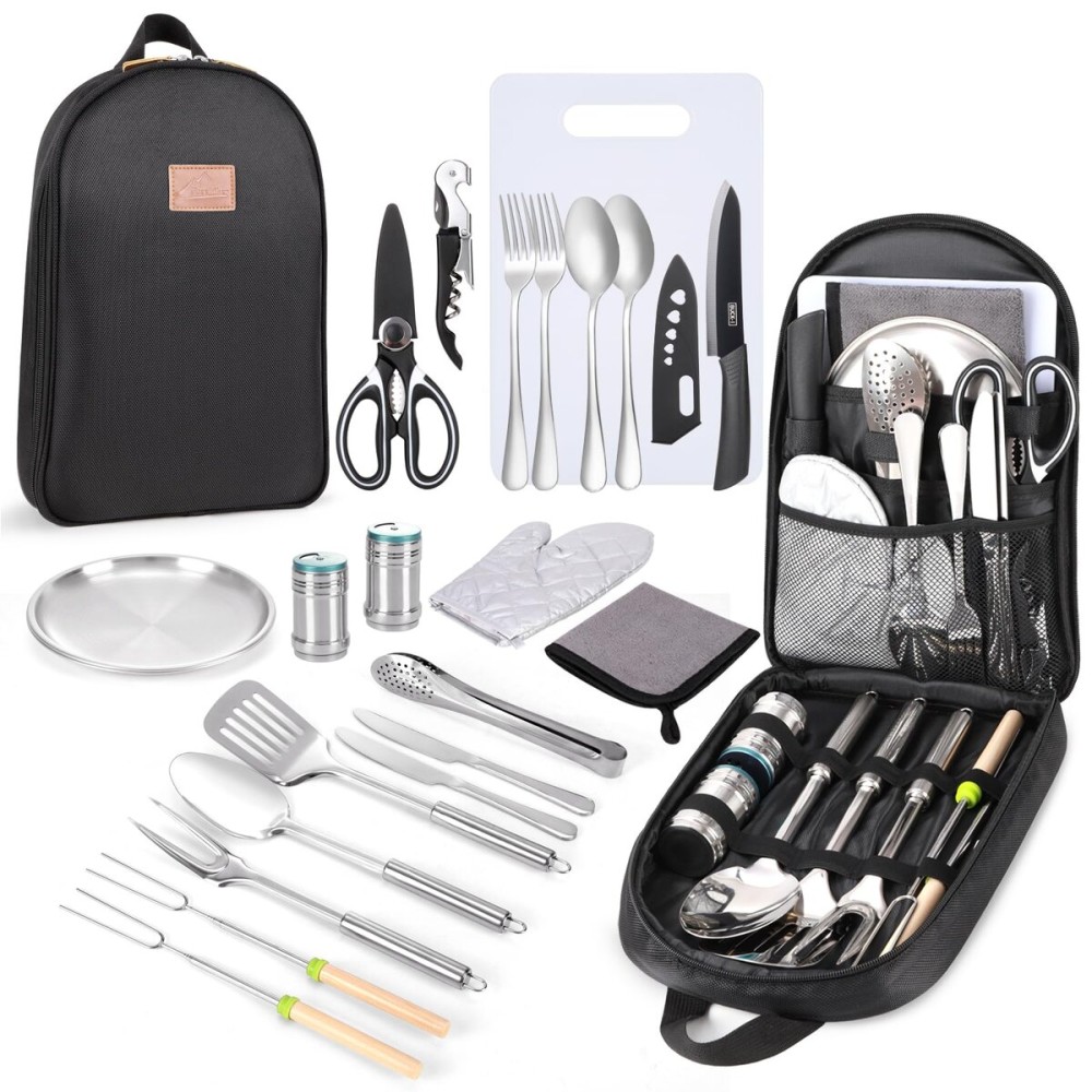 Camping Cooking Utensils Set - Camping Essentials Accessories Gear Must Haves - Camper Tent Kitchen Equipment RV Cookware Supplies Gadgets Outdoor Stove Portable Picnic Gifts BBQ Stuff
