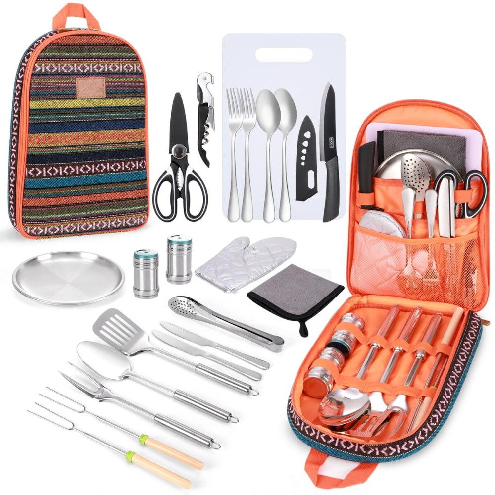 Camping Cooking Utensils Set - Camping Essentials Accessories Gear Must Haves - Camper Tent Kitchen Equipment RV Cookware Supplies Gadgets Outdoor Stove Portable Picnic Gifts BBQ Stuff