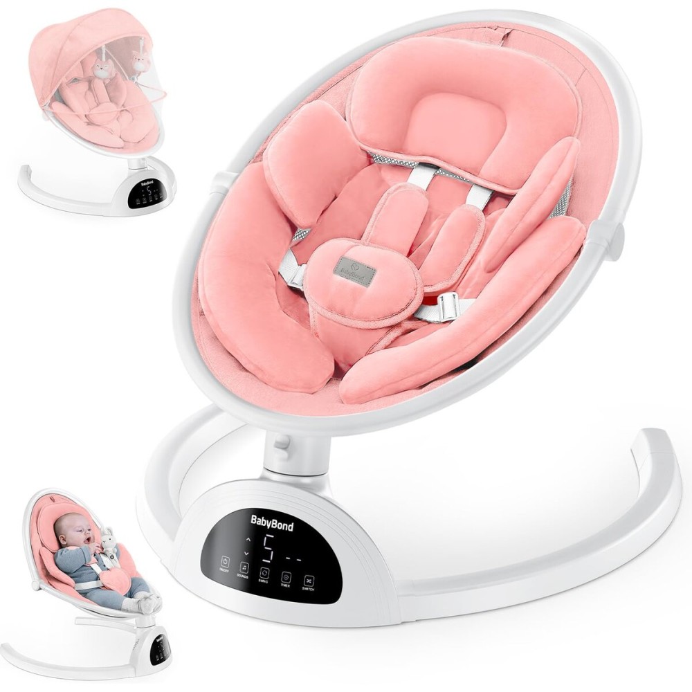 BabyBond Baby Swings for Infants, Bluetooth Infant Swing with Music Speaker, 3 Seat Positions, 5 Point Harness Belt, 5 Speeds and Remote Control - Portable Baby Swing for Indoor and Outdoor (Pink)