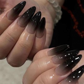 MISUD Press on Nails - Medium Almond Glue on Nails with Goth Black, Acrylic Gothic Design 24 pcs