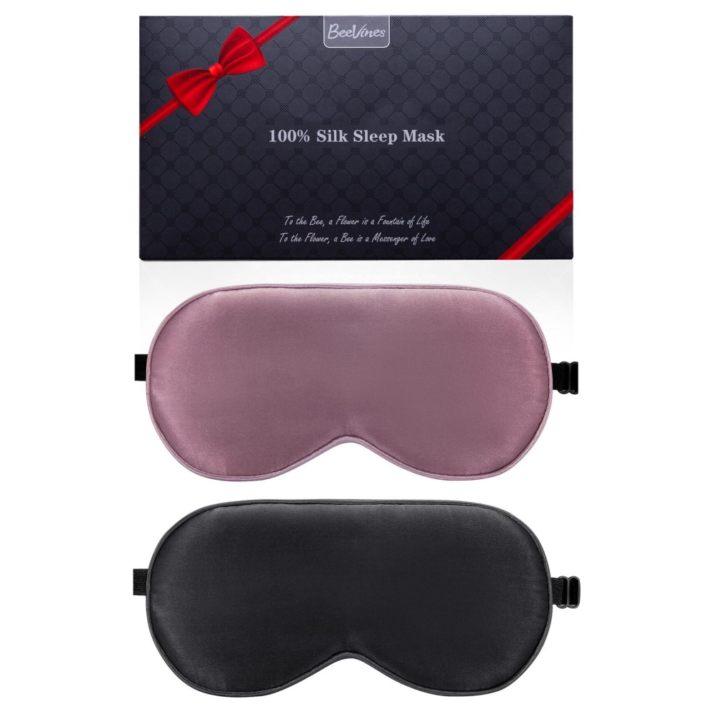 BeeVines 100% Real Mulberry Silk 2 Pack Sleep Mask, Pure Silk Eye Masks with Adjustable Strap for Sleeping, 100% Block Light Eye Shade Cover, Reduces Puffy Eyes Traveling Gifts(Black & Ruby Purple)