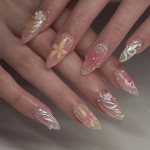 Flower Press on Nails - Almond Fake Nails - False Nails with Designs 3D Floral - Acrylic Glue on Nails - Spring Stick on Nails for Women Cute Stick on Nails 24Pcs