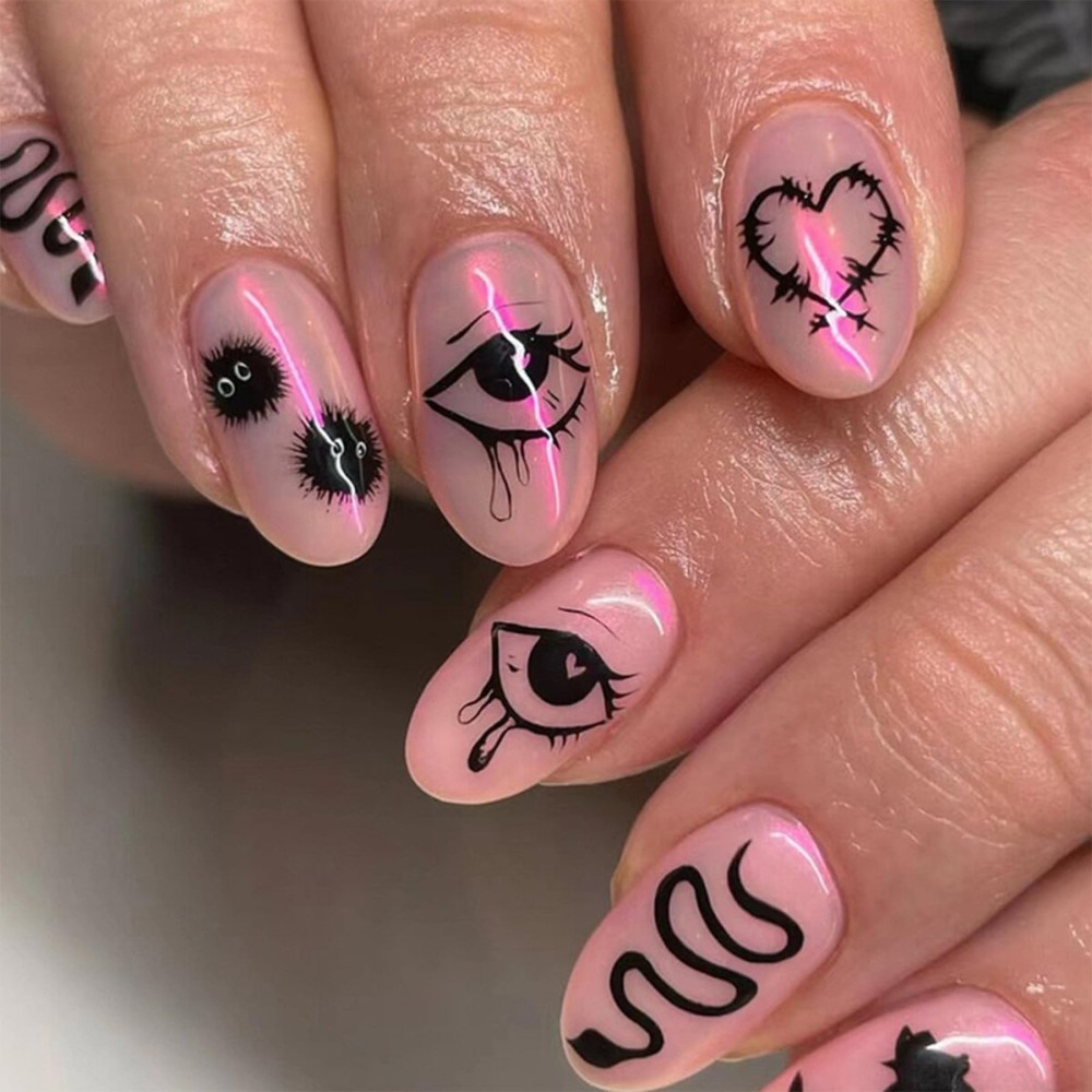 Halloween Press on Nails Short Oval Fake Nails Press ons Chrome Pink False Nails with Designs Heart Snake Glossy Full Cover Acrylic Glue on Nails Artificial Stick on Nails for Women Decoration 24Pcs