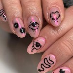 Halloween Press on Nails Short Oval Fake Nails Press ons Chrome Pink False Nails with Designs Heart Snake Glossy Full Cover Acrylic Glue on Nails Artificial Stick on Nails for Women Decoration 24Pcs