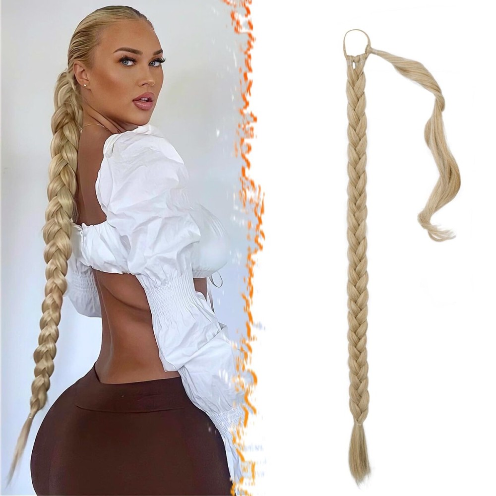 BARSDAR 30 Inch Long Braided Ponytail Extension - Straight Wrap Around Blonde Braid Ponytail Hair Extensions with Hair Tie - Synthetic Pony Tails Hairpieces for Women - Blonde Mixed