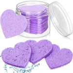 Nuenen 60 Pieces Facial Sponges with Container, Heart Shape Compressed Face Sponges Natural Cleaning Pads for Washing Face Cleaning Exfoliating Esthetician Makeup Removal(Purple)