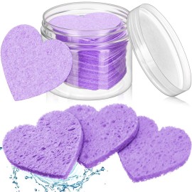 Nuenen 60 Pieces Facial Sponges with Container, Heart Shape Compressed Face Sponges Natural Cleaning Pads for Washing Face Cleaning Exfoliating Esthetician Makeup Removal(Purple)