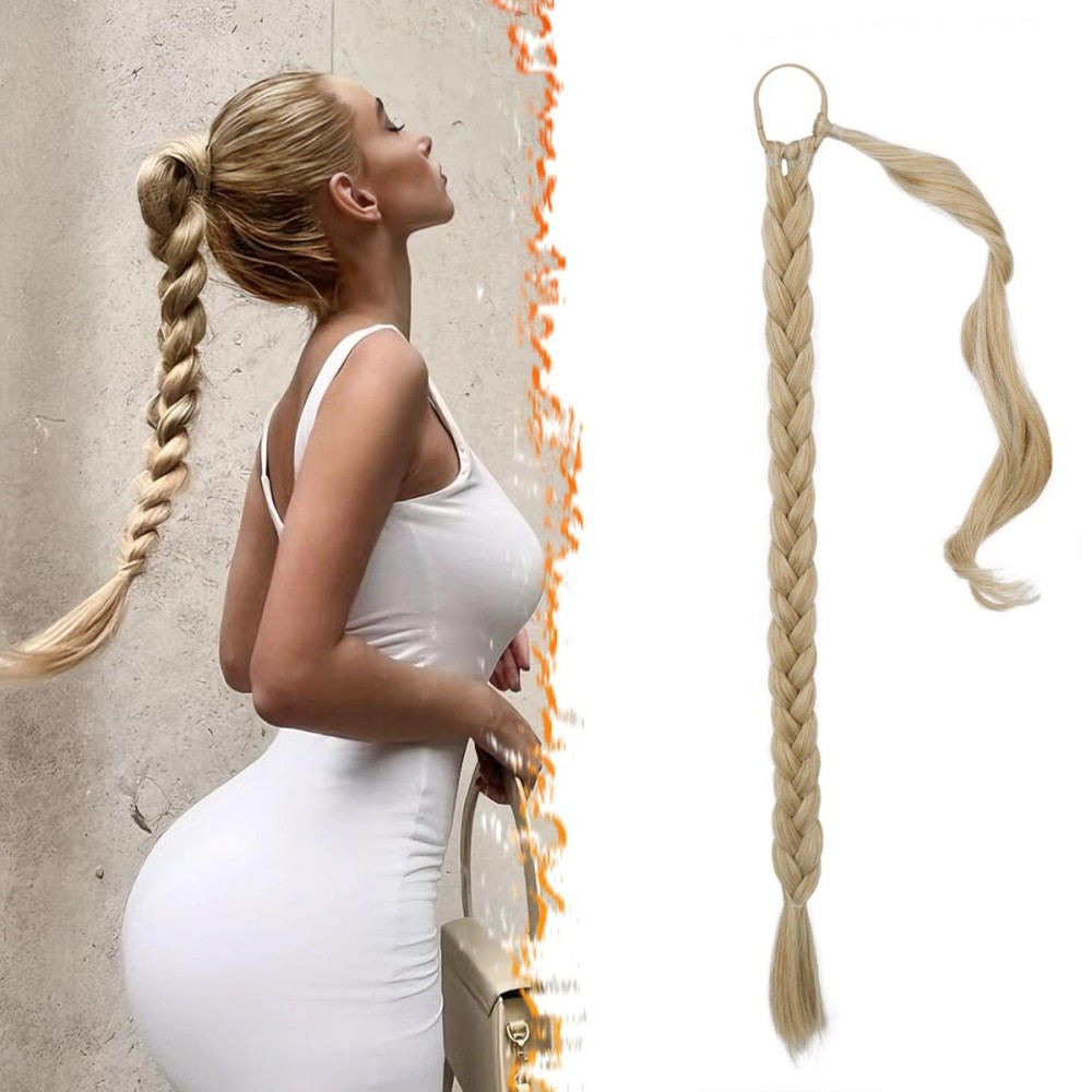 BARSDAR 26 Inch Long Braided Ponytail Extension - Straight Wrap Around Blonde Braid Ponytail Hair Extensions with Hair Tie - Synthetic Pony Tails Hairpieces for Women - Blonde Mixed