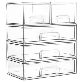 Vtopmart Clear Stackable Storage Drawers Set of 5, Plastic Organizer Bins for Makeup, Cosmetics, Beauty Supplies,Ideal for Vanity, Bathroom,Cabinet,Pantry Organization