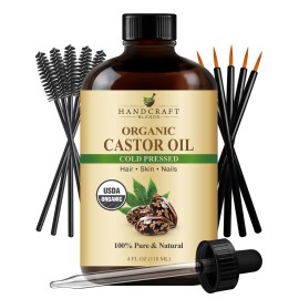 Handcraft Blends Cold-Pressed Organic Castor Oil 4 Fl Oz | Glass Bottle | Lash Brushes | 100% Pure and Natural | Premium Grade Carrier Oil | Hair, Eyelashes and Eyebrows | Hair and Body