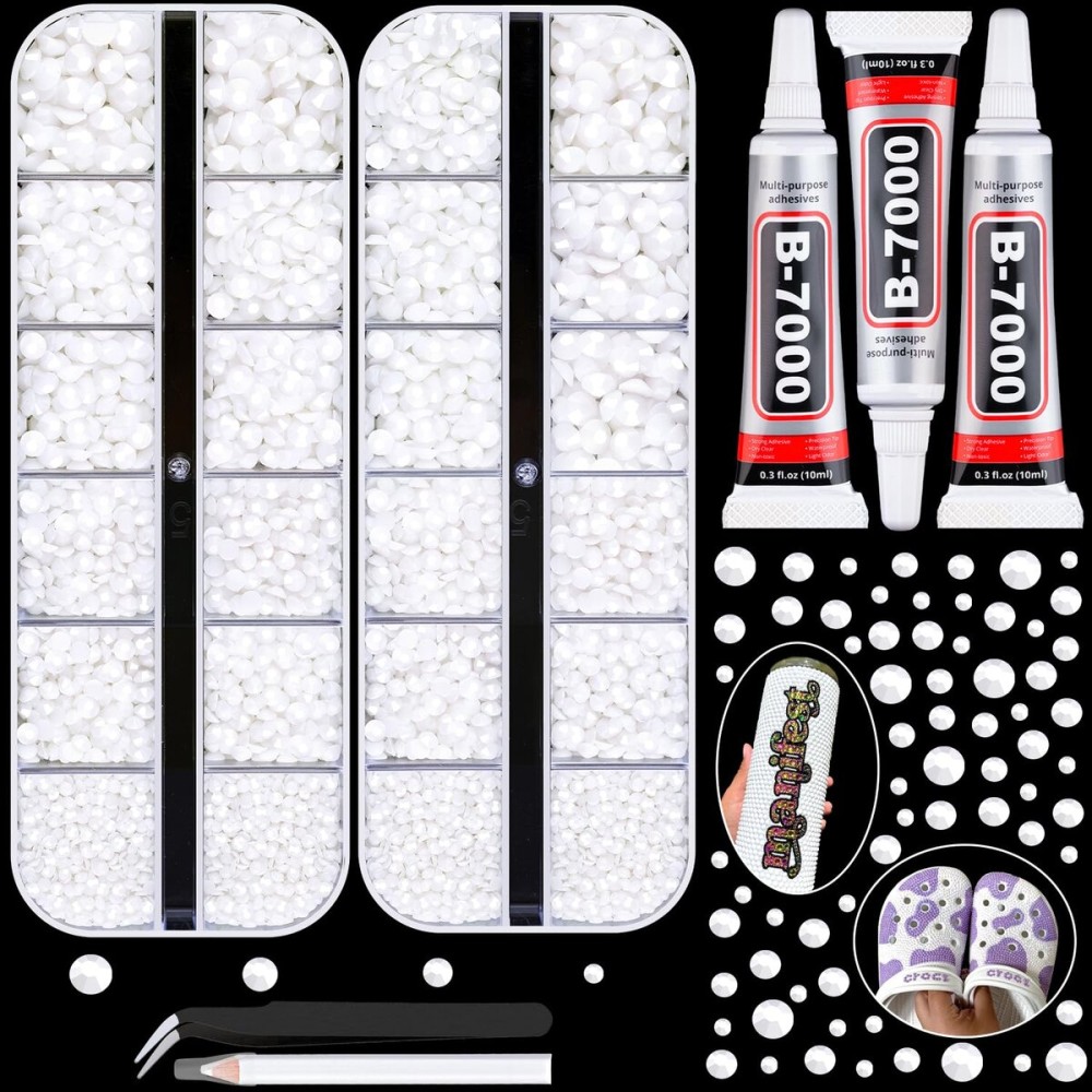 12100Pcs Resin Rhinestones for Crafting with 3Pcs 10ml B7000 Jewelry Glue, 2 Boxes Flatback Crystals Diomand (White) for Bedazzling Crafts DIY Nail Art MakeupNon Hotfix Gems for Clothing Shoes