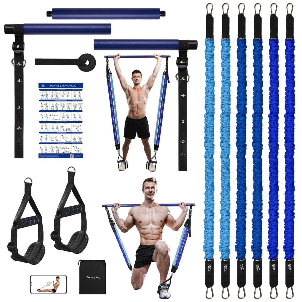 ALongSong Portable Pilates Bar Kit with Resistance Bands Natural Latex, Adjustable Exercise Equipment Multifunctional Yoga Pilates Stick for Home Gym Supports Full-Body Workouts