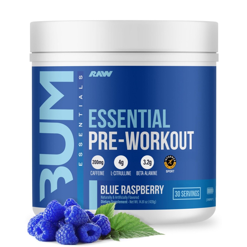 RAW Pre-Workout Powder, Essential CHARGED (Blue Rathberry) - Preworkout Supplement for Men & Women - Supports Focus, Mood, & Performance - Caffeine, Alpha-GPC, L-Citrulline, Beta Alanine (25 Servings)