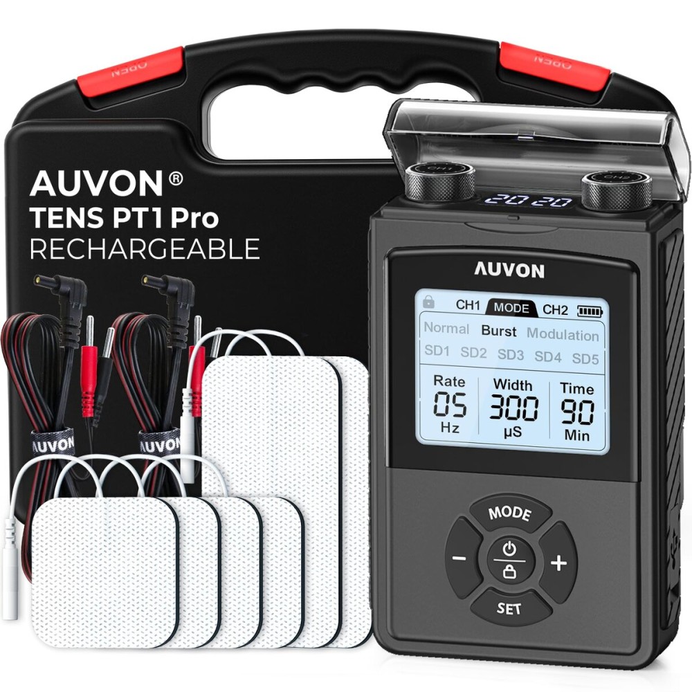 AUVON Rechargeable Digital TENS Unit Muscle Stimulator with 600 mAh Battery, TENS Machine with 8 Customizable Modes, Electric Massager for Shoulder, Back Pain Relief, 6 TENS Pads, A Carry Case