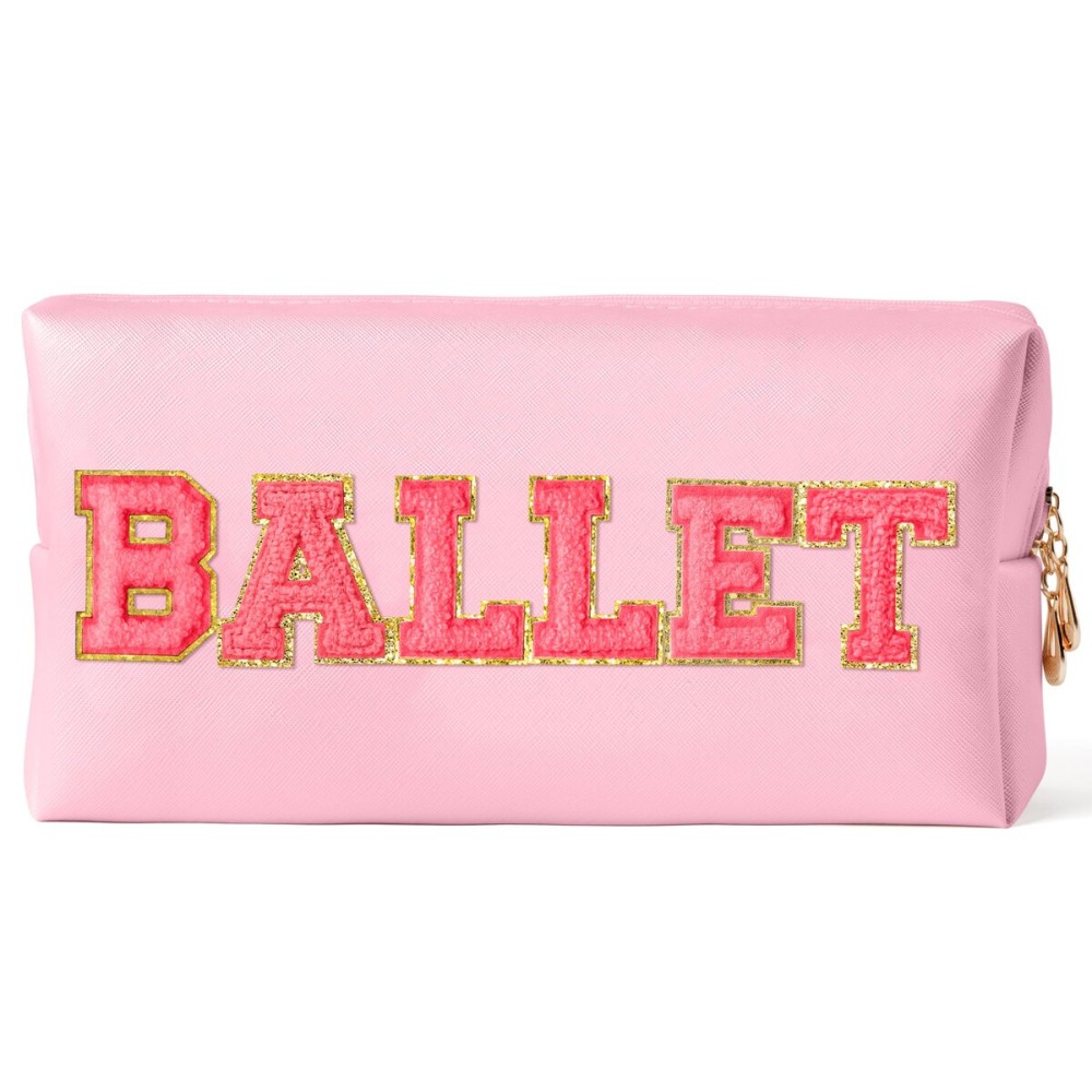 Y1tvei Ballet Cosmetic Bag for Girls - Preppy Patch BALLET Rose Red Chenille Letter Makeup Bag PU Leather Waterproof Portable Ballerina Makeup Pouch Dance Recital Travel Toiletry for Girl Dancer(Pink)