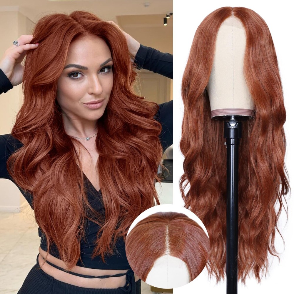 NAYOO Long Auburn Wavy Wig for Women 26 Inch Middle Part Lace Hairline Curly Wavy Wig Natural Looking Synthetic Heat Resistant Fiber Wig for Daily Party Use