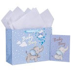 Loveinside Baby Boy Gift Bag Blue Elephant Design with Tissue Paper and Greeting Card for Baby Shower, New Parents, and More - 13 x 10 x 5, 1 Pcs