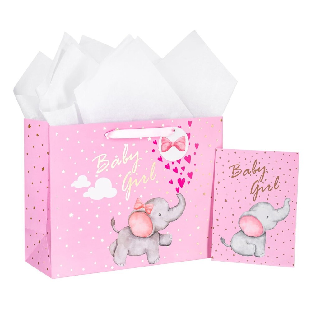 Loveinside Baby Girl Gift Bag Pink Elephant Design with Tissue Paper and Greeting Card for Baby Shower, New Parents, and More - 13 x 10 x 5, 1 Pcs