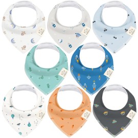 KeaBabies 8-Pack Organic Baby Bandana Bibs for Boys, Girls - Super Absorbent Triangle Baby Bibs for Drooling and Teething Infant, 100% Cotton Extra Soft for Newborn, Infant 0-36 Months (Cosmo)