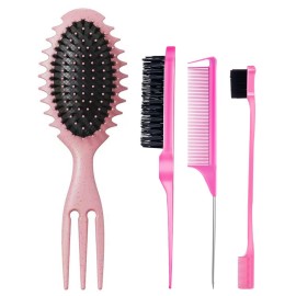Curly Hair Boar Bristle Curl Defining Brush for Curl Wave Straight Hair, Unique Trident Handle Design Defineing Brush for Wet Dry Hairs, Styling Massage Hairbrush Hairs Pick Comb Edge Comb Pink