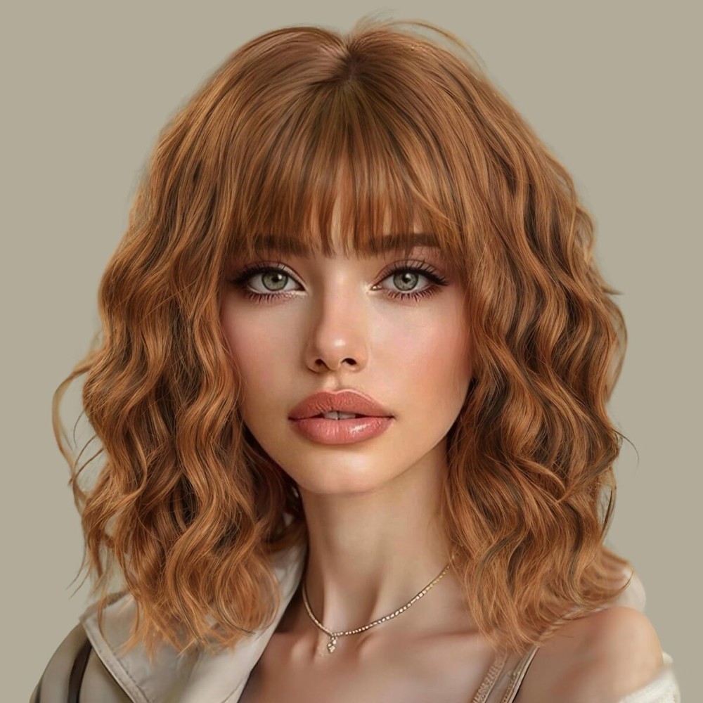 AISI HAIR Synthetic Wavy Curly Bob Wig with Bangs Cooper Blonde Short Wavy Hair for Women Synthetic Heat Resistant Bob Wigs