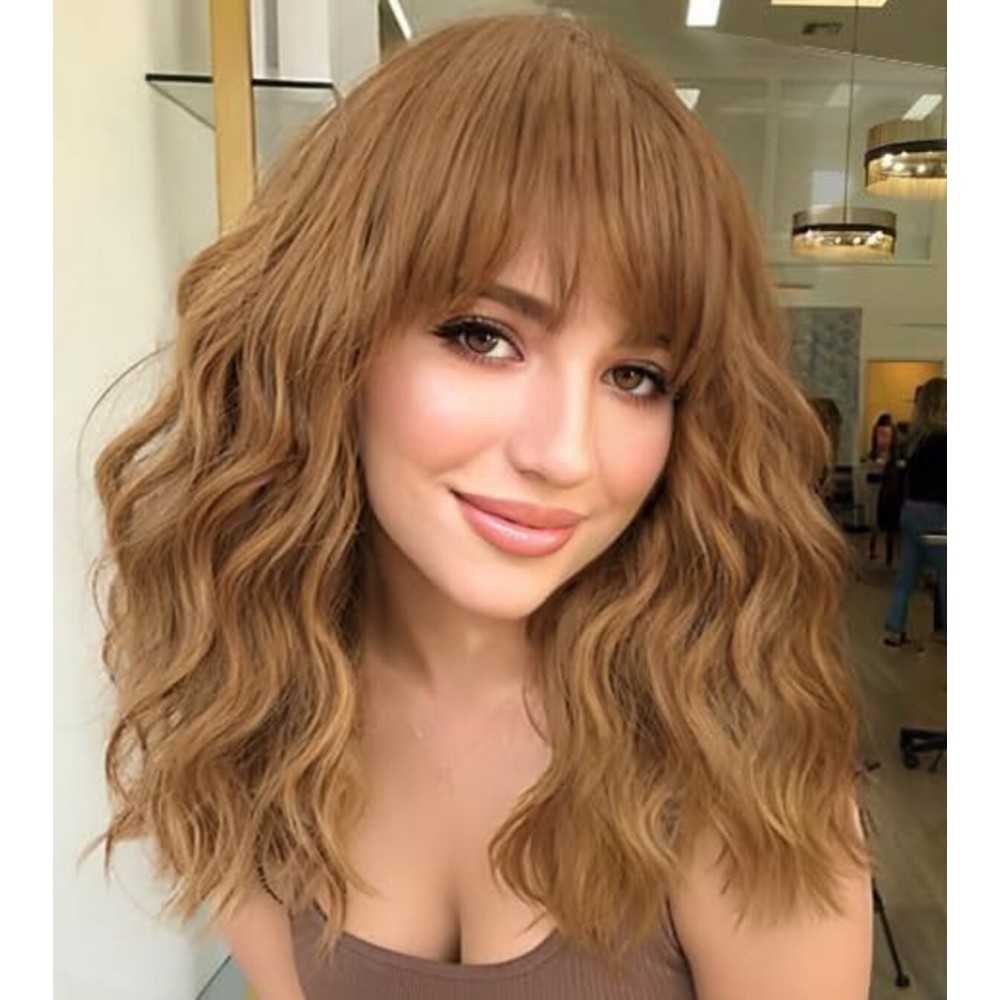 AISI HAIR Synthetic Curly Bob Wig with Bangs Natural Brown with Honey Blonde Highlight Ombre Short Wavy for Women Natural Looking Heat Resistant Bob Wigs