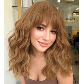AISI HAIR Synthetic Curly Bob Wig with Bangs Natural Brown with Honey Blonde Highlight Ombre Short Wavy for Women Natural Looking Heat Resistant Bob Wigs