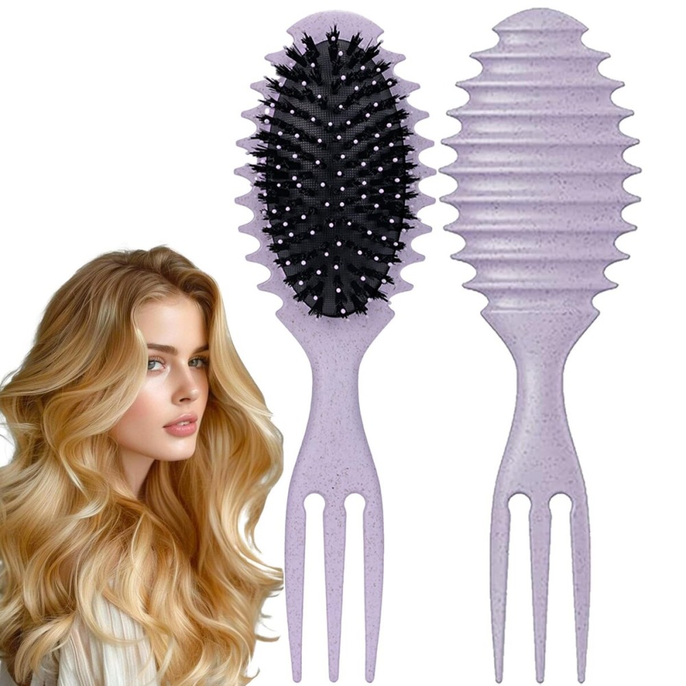 Curly Hair Boar Bristle Curl Defining Brush for Curl Wave Straight Hair, Unique Trident Handle Design Defineing Brush for Wet Dry HairsStyling Massage Hairbrush Hairs Pick Comb Purple