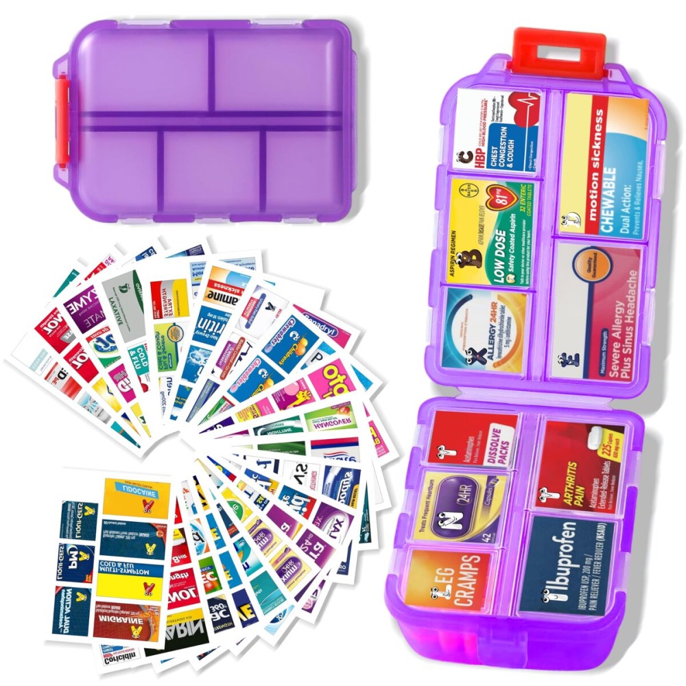 iouwei Large Pill Organizer with Medicine Labels - 7 Day Travel Daily Container, Mini Medication Storage Case (Purple, 161 Labels)
