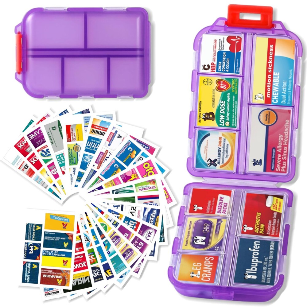 Pill Organizer with Medicine Labels Travel Daily Pill Container Mini Medication Organizer Storage Pill Organizer Travel Essentials Pill Case 7 Day (Purple& 161 Lables)