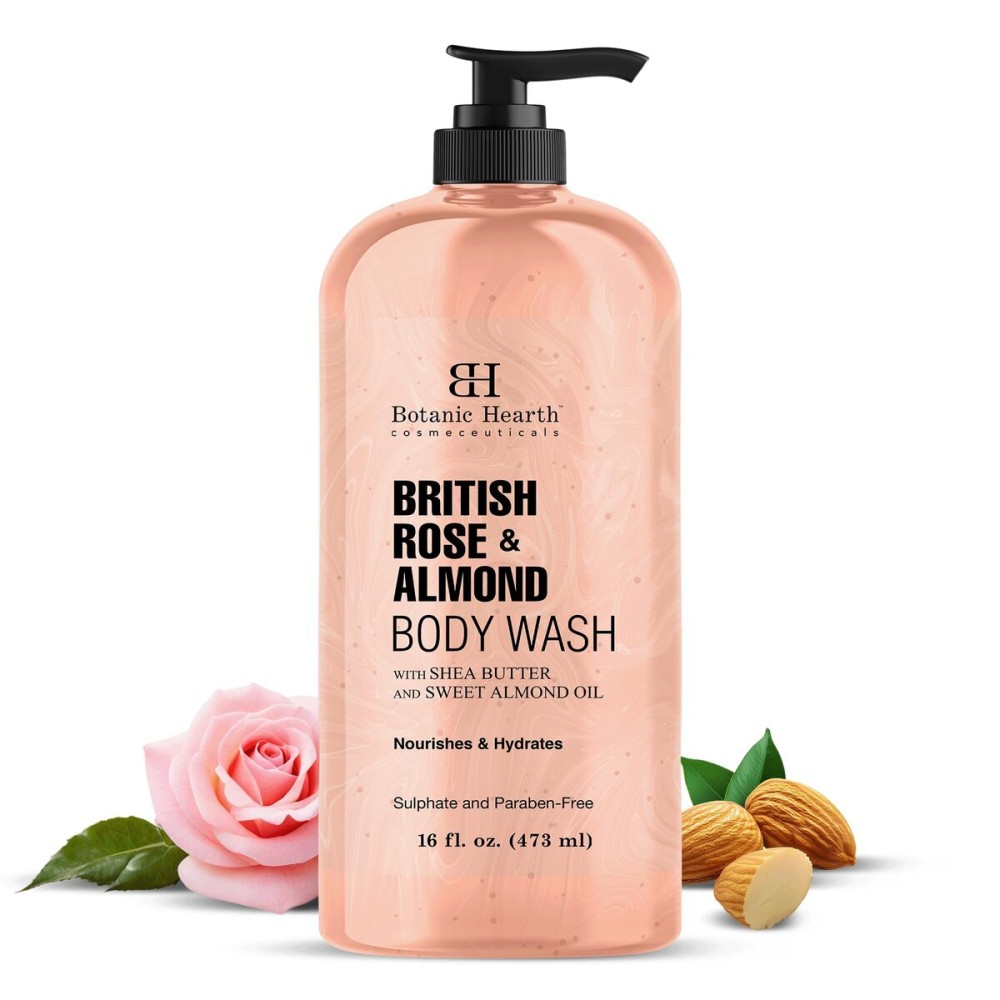 Botanic Hearth British Rose & Almond Body Wash - Moisturizing Shower Gel with Shea Butter, Gentle Hydrating Cleanser, Sulfate & Paraben Free - 16 fl oz