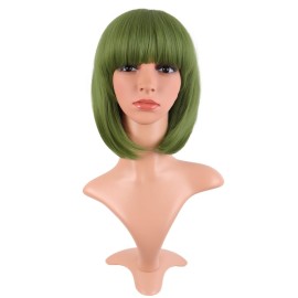 MapofBeauty 12 Inch /30 cm Fashion Lady Short Straight Synthetic Flat Bangs Bob Wig (Olive Green)