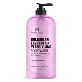 Botanic Hearth Bulgarian Lavender & Ylang Ylang Body Wash - Calming & Relaxing Shower Gel with Vitamin E & Sage Extract, Sulfate & Paraben Free - 16 fl oz