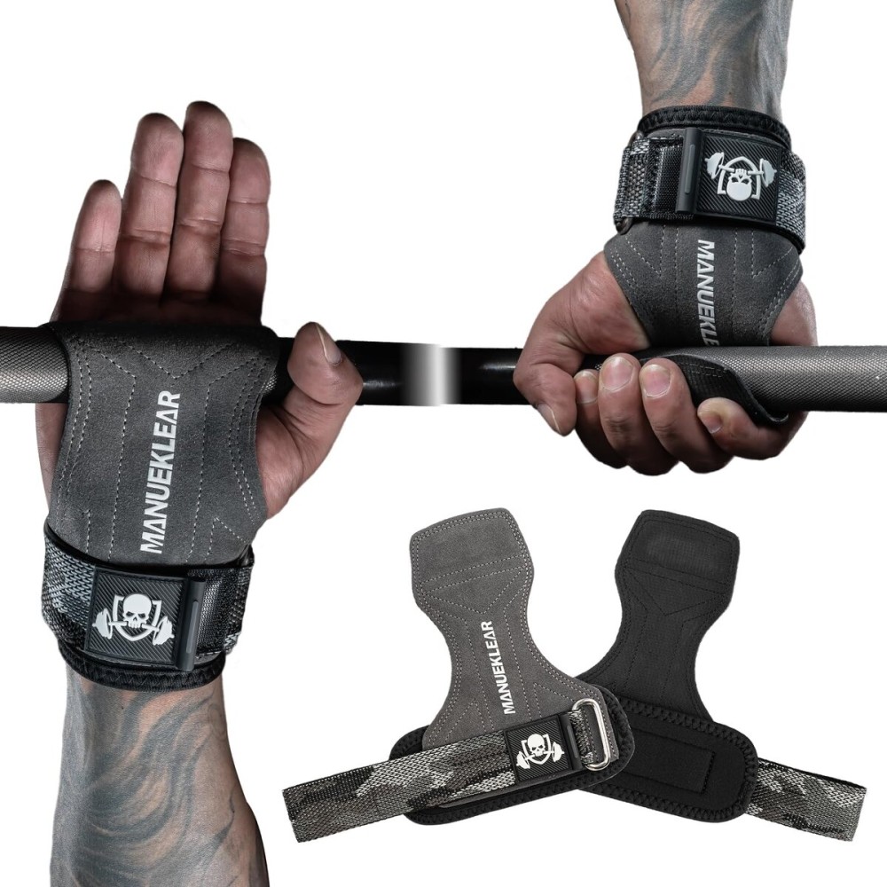 MANUEKLEAR Gym Straps Weight Lifting, Double Leather Lifting Straps for Men Deadlift with Cushion Wrist Loop, Gym Liftings Wrist Wraps for Weightlifting