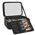 Relavel Travel Makeup Bag With LED Mirror, 16.2 Large Makeup Train Case, 3 Color Scenarios Adjustable Brightness, Waterproof Makeup Train Case Organizer with DIY Dividers for Makeup Artist, Black