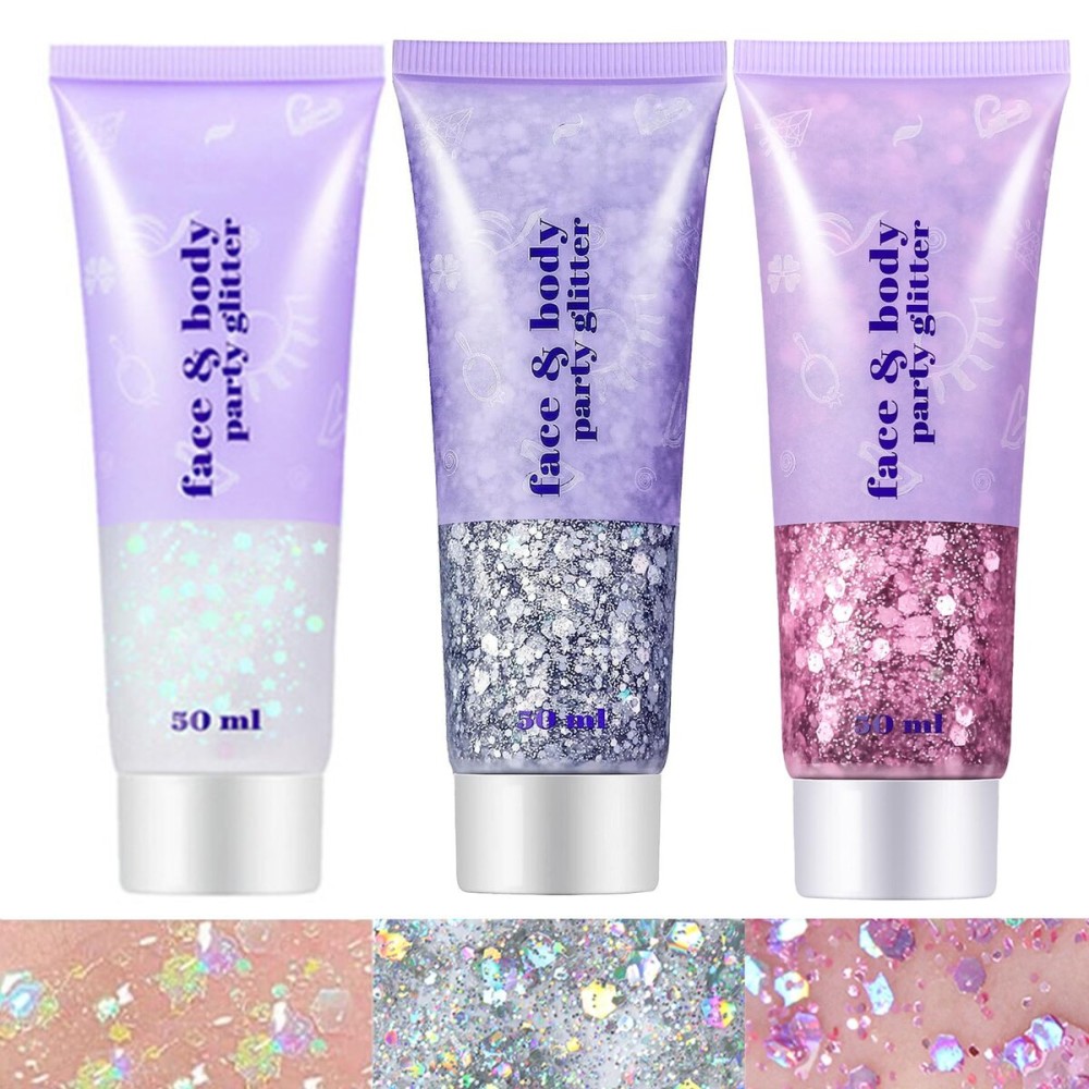 Go Ho White Pink and Silver Face Body Glitter Gel Set,Mermaid Face Paint,Holographic Long Lasting Chunky Sequins Glitter Makeup for Singer Concerts,Halloween Festival Rave Accessories