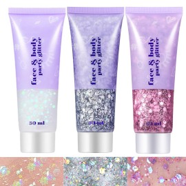 Go Ho White Pink and Silver Face Body Glitter Gel Set,Mermaid Face Paint,Holographic Long Lasting Chunky Sequins Glitter Makeup for Singer Concerts,Halloween Festival Rave Accessories