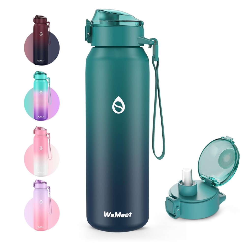 WEMEET 18/10 Stainless Steel Sport Water Bottle with Removable Straw, BPA-Free, 17oz Double Walled Insulated Water Bottle with Chug Lid, for Hike, Sport, Work, Travel, School (BLUE BLUE)