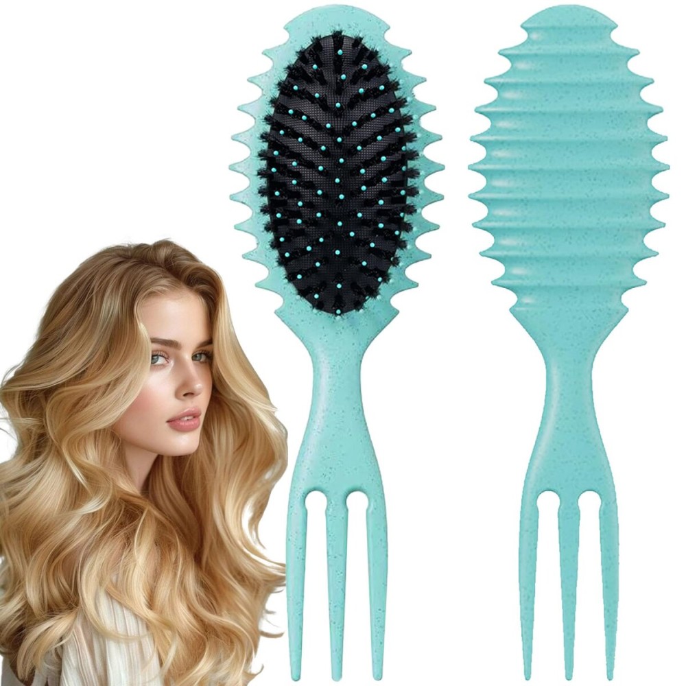 Curly Hair Boar Bristle Curl Defining Brush for Wave Straight Hair, Unique Trident Handle Design Defineing Brush for Wet Dry Hairs Styling Massage Hairbrush Hairs Pick Comb Green